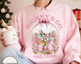 Retro Mickey & Co Pink Christmas On Main Street Sweatshirt, Disney Christmas Shirt, Mickey Minnie Xmas Shirt, Main Street Sleigh Rides
