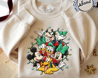 GEBORDUURD Mickey and Friends-sweatshirt kerstverlichting, Disney-geborduurd kerstsweatshirt, Mickey Very Merry Christmas-trui