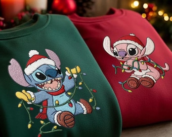 Besticktes Disney Stitch und Engel Weihnachtslichter Sweatshirt, Lilo Und Stitch Xmas Paar T-Shirt, Passende Disney Outfits, Stitch Weihnachten