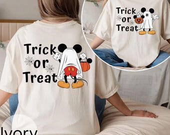 Mickey Trick Or Treat 2 side Comfort Colors Shirt, Disney Halloween T-shirt, Mickey Ghost Shirt, Disney Spooky Season, Trick Or Treat Shirt
