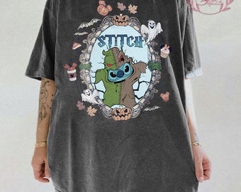 Camisa vintage de Stitch con colores cómodos para Halloween, camisa de Stitch con calabaza, camisa de Halloween de Disney, camiseta de vacaciones familiares de Disney a juego