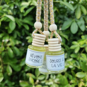 Peut inclure: Trois petites bouteilles en verre transparent remplies de liquide jaune, chacune avec un bouchon en bois et une étiquette blanche. Les étiquettes indiquent "Rêvons Encore!" et "Souris à la Vie!" en texte noir. Les bouteilles sont suspendues à une corde beige et dorée.