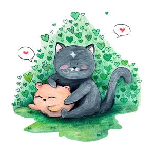 Valentine's Card |  Bear and Cat Card Watercolor Style, Cute Cards, Watercolour Cards, Greeting Cards, Original Design