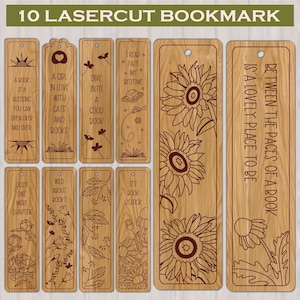 May include: Ten laser-cut wooden bookmarks with various designs and quotes. The bookmarks feature floral patterns, inspirational quotes, and the text "10 LASERCUT BOOKMARK". Each bookmark has a hole for attaching a tassel or string.