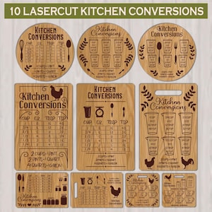 Puede incluir: Diez tablas de conversión de cocina de madera cortadas con láser. Las tablas tienen varias formas, incluyendo redondas y rectangulares, con medidas en tazas, ml, cucharadas y cucharaditas. El texto "Kitchen Conversions" se muestra en cada tabla.