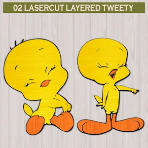 May include: Two laser-cut layered wooden figures of the yellow bird character Tweety. One figure shows the bird sitting with eyes closed, and the other shows the bird standing and pointing. Both have orange feet and beaks. Text reads 02 LASERCUT LAYERED TWEETY.