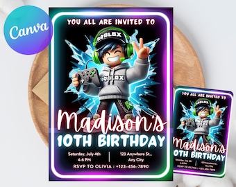 Bearbeitbare Roblox-Geburtstagseinladungsvorlage, Kinderspielparty (Canva-Vorlage)