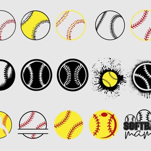 Pode incluir: Vários designs de softball e beisebol. Inclui bolas brancas e amarelas com costuras vermelhas, designs gráficos em preto e branco e um design com o texto "Softball mama".