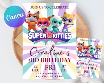 SuperKitties Geburtstagseinladung, bearbeitbare Kätzchen-Party einladen (digital)