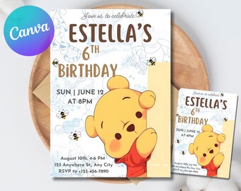 Winnie Puuh-Geburtstagseinladung, bearbeitbare Party einladen (digital)