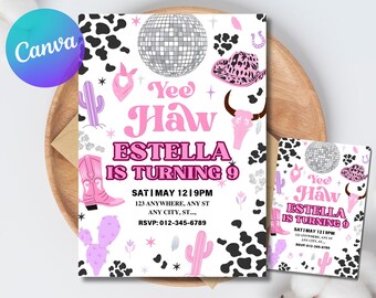 Rosa Cowgirl-Geburtstagseinladung, Disco Rodeo, bearbeitbare Canva-Vorlage