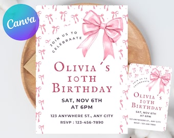 Invitación de cumpleaños con lazo rosa coqueto, plantilla editable