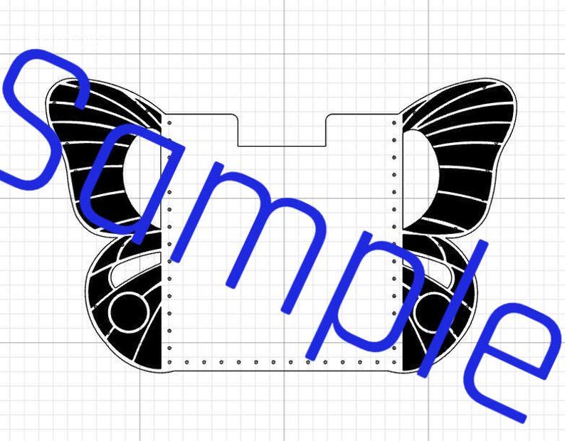 Puede incluir: Un dise&ntilde;o en forma de mariposa en blanco y negro con la palabra "sample" en azul. El dise&ntilde;o presenta un centro rectangular con bordes redondeados y dos alas curvas. Las alas tienen un patr&oacute;n de rayas.