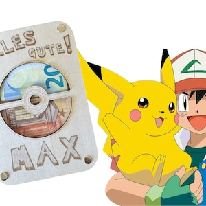 Drewniany prezent pieniężny Pokeball z wybranym przez Ciebie imieniem – Spersonalizowany prezent urodzinowy dla dzieci – Prezent dla fana Pokemonów – Wszystkiego najlepszego z okazji urodzin z imieniem