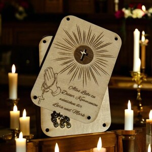 Geldgeschenk zur Kommunion / personalisierter Name/ Kommunionsgeschenk / Geschenkkarte aus Holz / Kommunionskarte / Geschenkverpackung