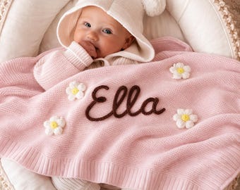 Manta de bebé de algodón orgánico bordada a mano y personalizada, regalo de recuerdo para recién nacidos.