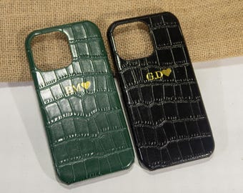 Leather iPhone 16 15 14 13 12 11 case, Personalised custom initials leather case, Crocodile Print leather iPhone, Gift Ideas, Gift For Her