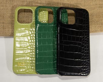 Black Pink Green Blue Monogram Custom Leather Case For iPhone 16 15 14 13 12 11 Pro Max, Personalised Crocodile Leather iPhone 16 Pro Max