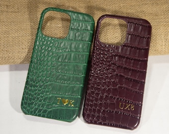 Phone case Initials Engraving, Personalised Crocodile Print leather iPhone 16 15 14 13 Pro Max Case, with any name or initials, Gift For Her