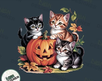 Vintage 90s Halloween Cat and Pumpkin PNG, Retro Fall Shirt Sublimation Design, Cute Spooky Season Clipart PNG, Halloween Cat PNG