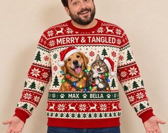 Personalized Dog Cat Ugly Christmas Sweater, Custom Pet Photo Sweatshirt, Merry & Tangled Gift for Mom, Funny Family Matching Holiday Outfit