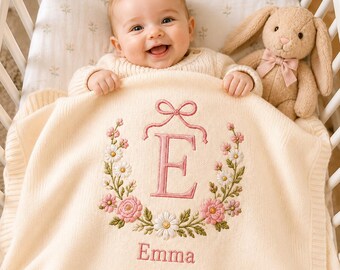 Personalized Embroidered Baby Blanket, Custom Name Floral Monogram, Wildflower Keepsake, Newborn Gift, Baby Shower Keepsake