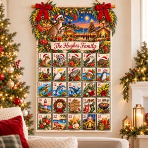 May include: A fabric advent calendar wall hanging featuring a Christmas scene with a kangaroo, Australian wildlife, and the text The Hughes Family. It has twenty-five numbered squares with illustrations of animals, beach scenes, and holiday motifs, decorated with red bows and greenery.