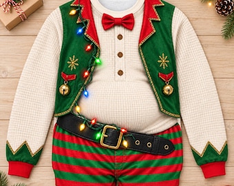 Funny Christmas Ugly Sweater, Elf Costume Sweater, 2D Fake Belly Xmas Shirt, Light Up Holiday Party Pullover, Funny Gift For Men