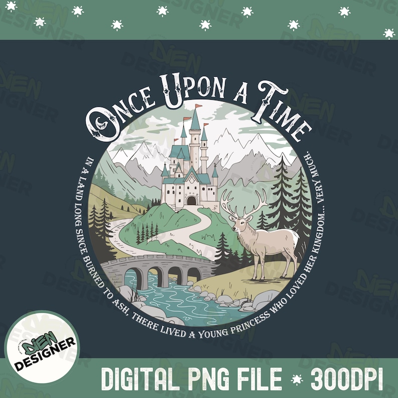 Puede incluir: Un archivo PNG digital con una ilustraci&oacute;n de cuento de hadas. La imagen incluye un castillo, monta&ntilde;as, un puente, un ciervo y el texto "Once Upon a Time". El texto tambi&eacute;n dice: "En una tierra que hace mucho tiempo se quem&oacute; hasta convertirse en cenizas, viv&iacute;a una joven princesa que amaba su reino..."