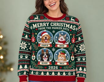 Custom Pet Photo Ugly Christmas Sweater, Personalized Dog Cat Snowglobe Sweatshirt, Funny Matching Family Pullover, Pet Lover Christmas Gift