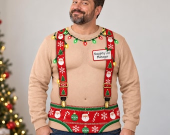 Funny Muscle Ugly Christmas Sweater for Men, Santa Elf Cowboy Reindeer Gingerbread Sweatshirt, Holiday Party Pullover, Secret Santa Gag Gift
