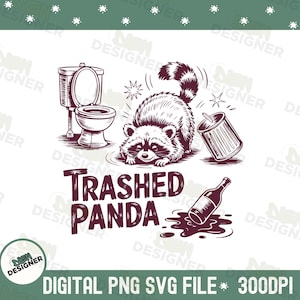 May include: A digital illustration depicting a raccoon in a humorous setting. The image includes a tipped-over bin, a toilet, and a spilled bottle. The text "Trashed Panda" is displayed in a bold font.