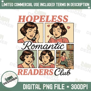 Hopeless Romantic Readers Club PNG, Retro Bookish Shirt Design, Vintage Booktrovert Sublimacja PNG, Romantyczny Miłośnik Książek Clipart PNG