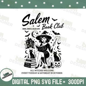 Retro Salem Book Club PNG SVG, Haunted Fall Reading Shirt PNG, Cozy Witch Library Sublimation, Vintage Halloween Book Lover Png