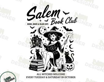 Retro Salem Book Club PNG SVG, Haunted Fall Reading Shirt PNG, Gemütliche Hexenbibliothek Sublimation, Vintage Halloween Buchliebhaber Png