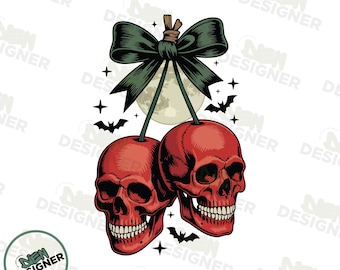 Coquette Halloween PNG, Spooky Cherry Skull Bow Design, Retro Girly Halloween Sublimation PNG, Aesthetic Halloween Girl Graphic PNG