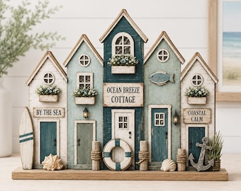 Coastal Beach House Wooden Block, Nautical Beach Village Decor, Coastal Farmhouse Shelf Decor, Seaside Home Display, Beach Lover Gift