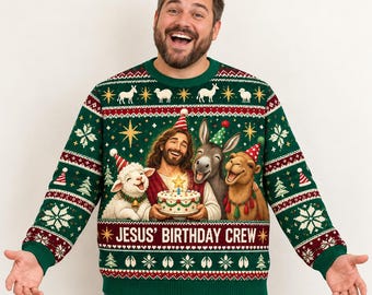 Jesus Birthday Crew Ugly Christmas Sweater, Funny Christian Holiday Sweater, Nativity Party Top, Matching Family Gift, Religious Xmas Jumper