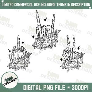 Rock Skeleton Hands PNG Bundle , Retro Flowers Skeleton Hand Art, Trendy Rock n Roll Design, Skeleton Peace Sign, Edgy Middle Finger Graphic