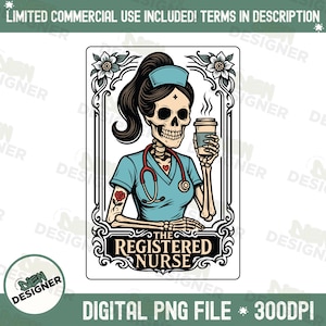 Carta de Tarô de Enfermeira Registrada PNG, Esqueleto Engraçado de Enfermeira PNG, Design Estético de Enfermagem de Outono, Clipart de Enfermeira Gótica PNG, Humor Enfermeira Obscura PNG