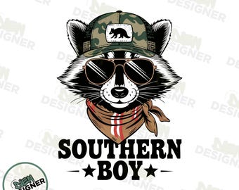 Southern Boy PNG, Funny Trendy Raccoon Shirt PNG, Retro Camouflage, Animal Sarcastic Saying Clipart, Digital Download, Sublimation Design