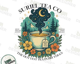 Suriel Tea Co PNG, Design de Sublimação de Livros ACOTAR, Camisa de Fantasia Velaris PNG, Produtos do Universo SJM PNG, Estética da Corte Noturna PNG