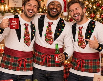 Funny Ugly Christmas Sweater Tuxedo Shirt, Christmas Party Outfit, Mens Xmas Sweater, Novelty Holiday Pullover, Lights Tie Costume Gift