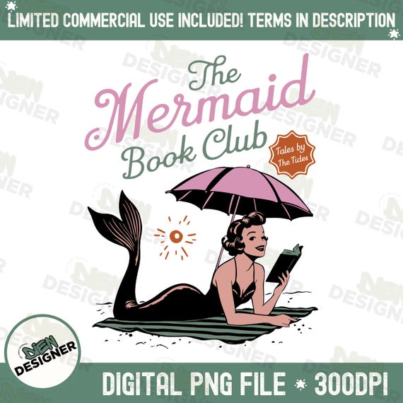Mermaid Book Club PNG, Mermaidcore Book Lover Design, Funny Reading Clipart, Summer Bookish Aesthetic, Retro Coconut Girl PNG