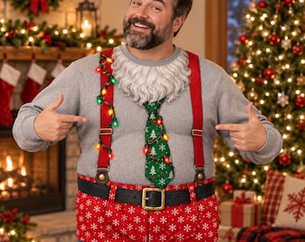 Funny Ugly Christmas Sweater Santa Belly Costume, Christmas Party Shirt, Men's Xmas Pullover, Novelty Holiday Sweater, Lights Beard Design