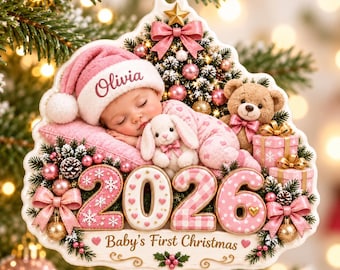 Custom Baby’s First Christmas Ceramic Ornament, Personalized Name 2026 Pink Christmas Keepsake, Newborn Girl Gift