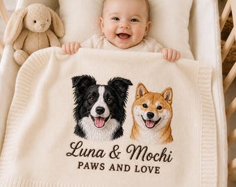 Custom Embroidered Dog Portrait Baby Blanket, Embroidered Pet Portrait Photo Blanket, New Best Friend Pet Pregnancy Gift, Baby Shower Gift