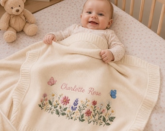 Custom Floral Baby Blanket, Personalized Name Blanket for Baby Girl, Welcome Baby Blanket, Newborn Nursery Decor, Baby Shower Gift