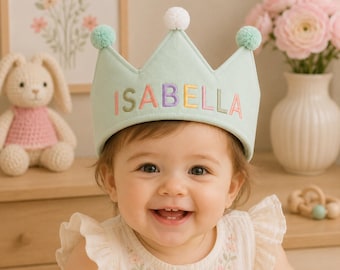 Custom Embroidered Birthday Crown, Personalized Name Linen Party Hat, Baby First Birthday Gift, Toddler Cake Smash Photo Prop