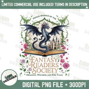 Fantasy Readers Society PNG, skjortadesign för boklig drakeälskare, sublimering av läsklubb för mytisk varelse PNG, fantasybokälskare PNG